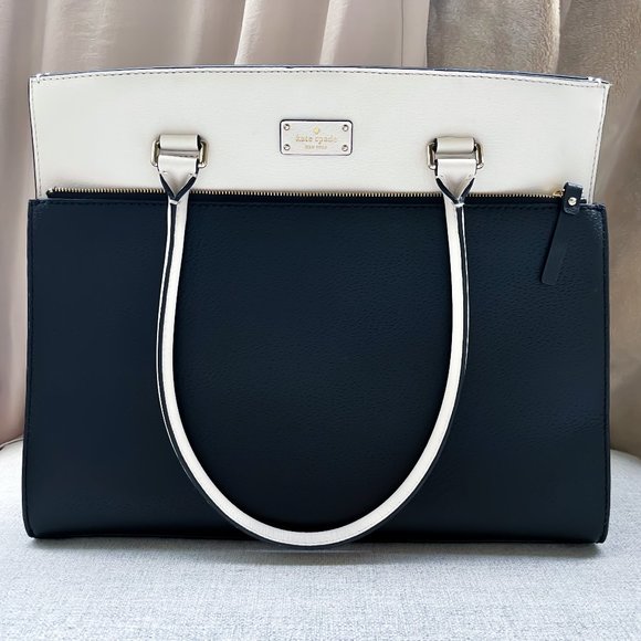 kate spade Handbags - Kate Spade New York Pebbled Leather Large Tote Laptop Bag in Black/White Cream